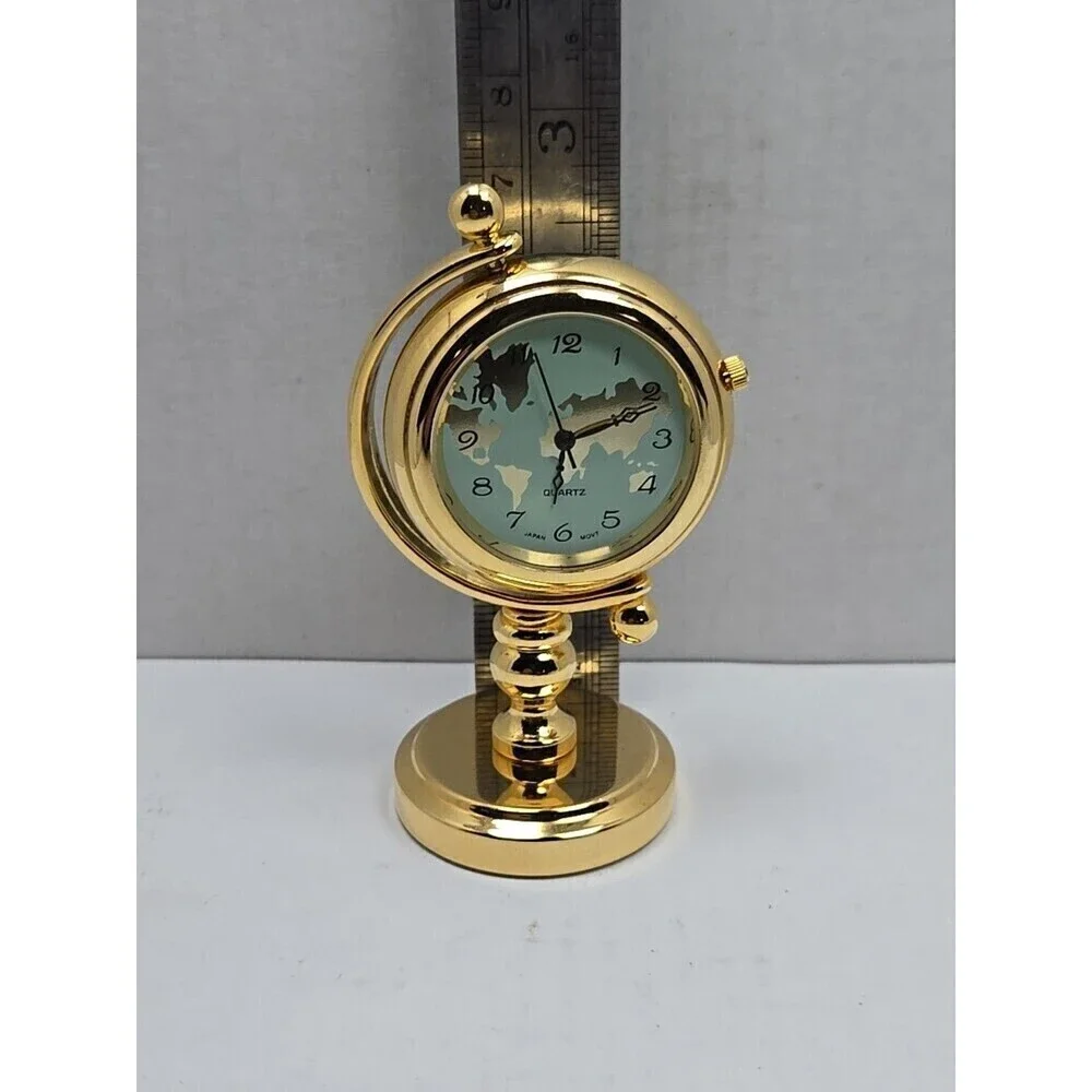 Miniature Gold World Map Desk Clock Quartz Japan Movt New Battery Working Gimbal